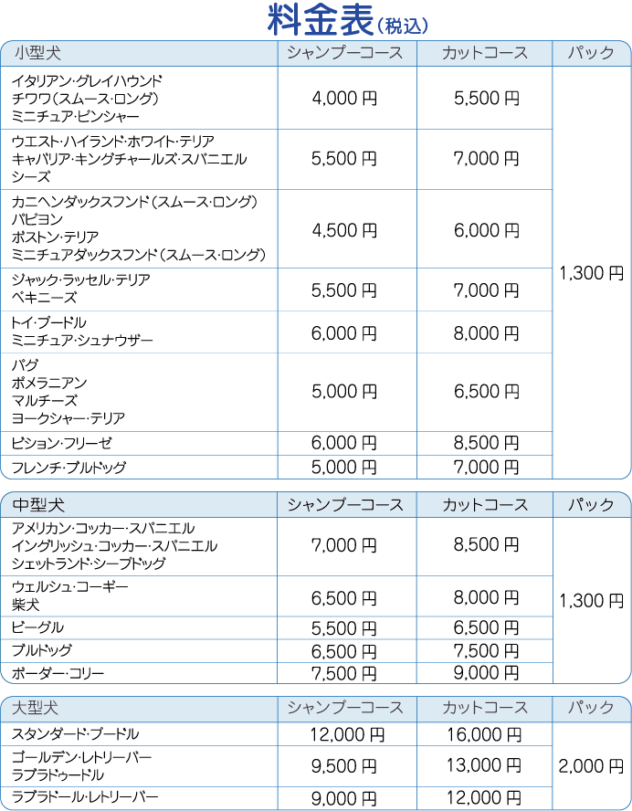 トリミング料金表